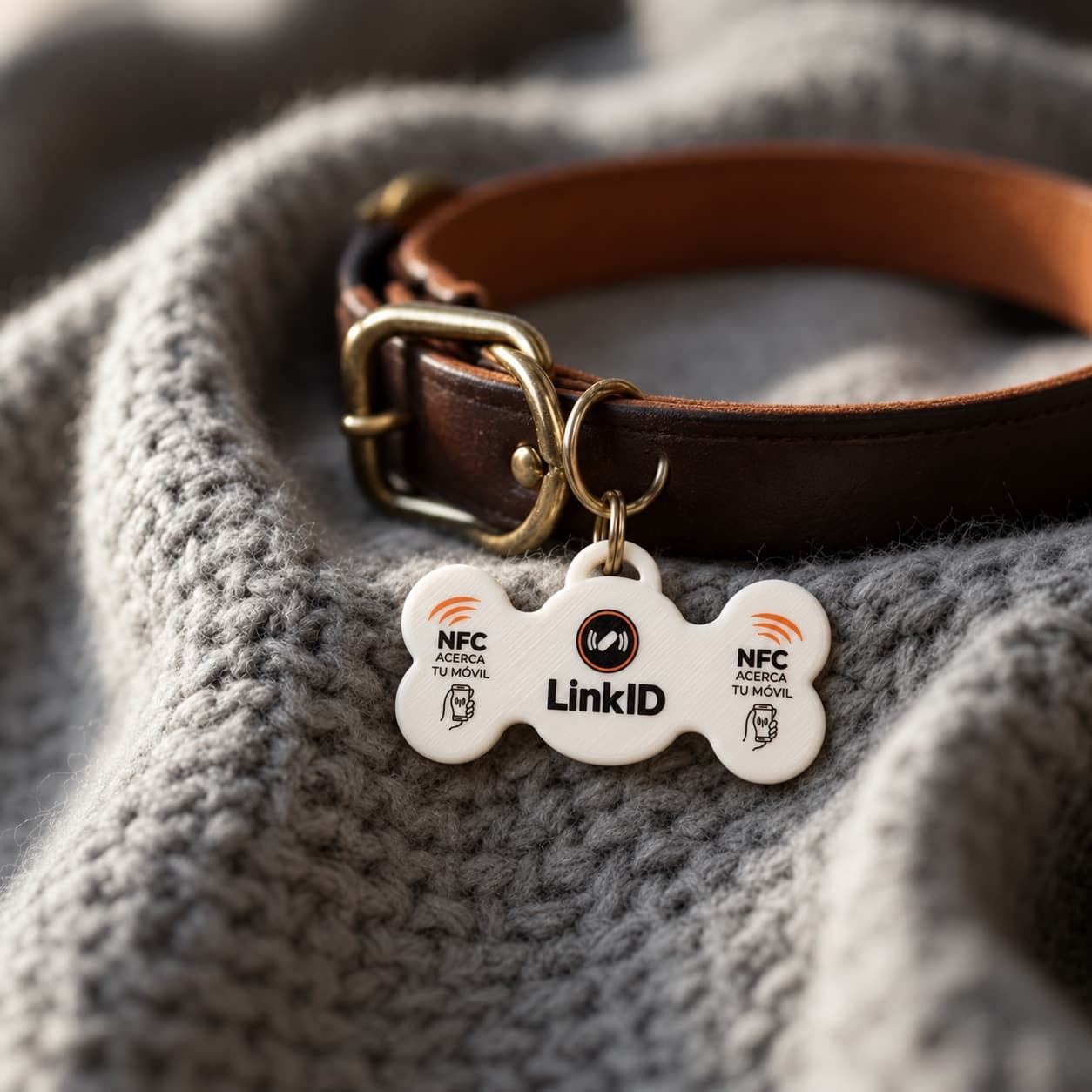Chapa NFC LinkID Pet con forma de hueso enganchada a un collar de perro
